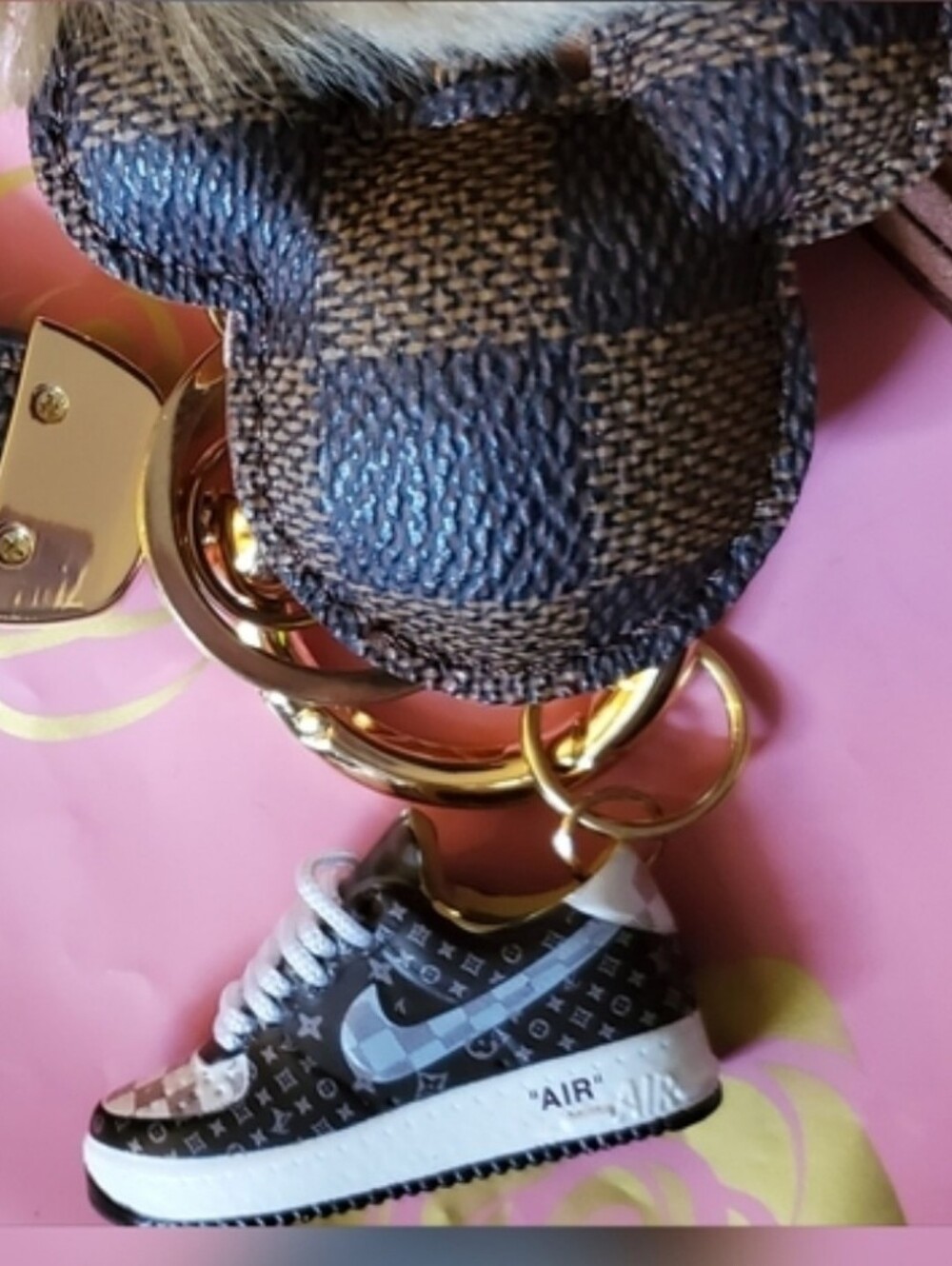 Mini Sneaker Charm,  Minnie Mouse Charm, Brown Strap And  pom-pom
